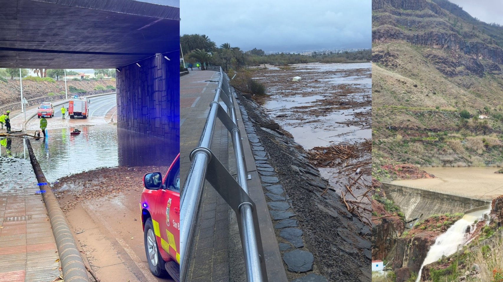 Lluvias torrenciales provocan inundaciones, cierres de carreteras y alerta máxima con el aliviadero de la Presa de Ayagaures que aumentará el cauce del barranco en San Bartolomé de Tirajana